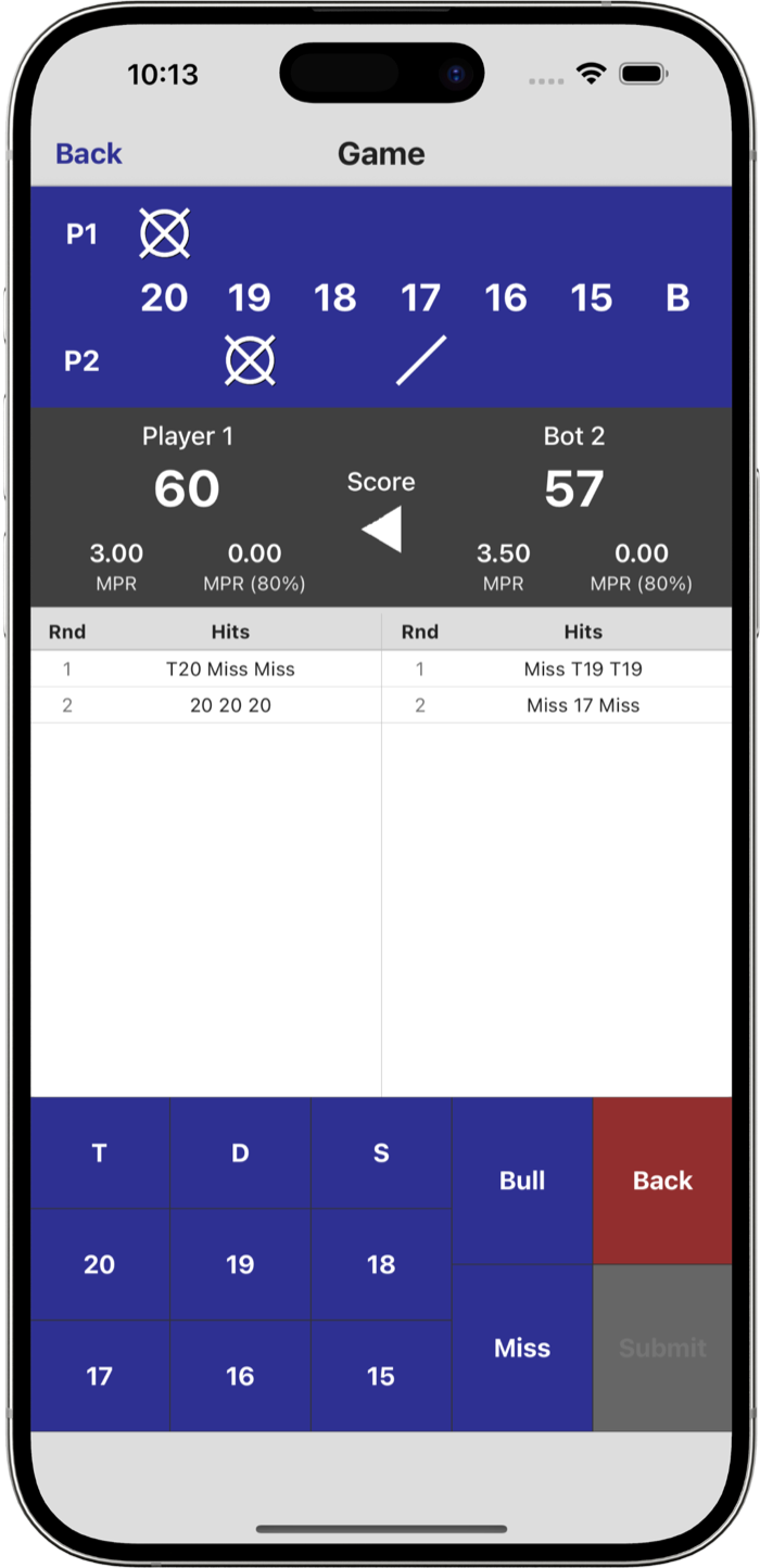 Cricket Trainer in-game Cricket darts scoreboard showing Player 1 vs Bot 2 with scores, MPR stats, and round history