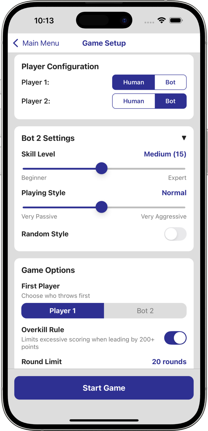 Cricket Trainer game setup screen showing bot skill level slider, playing style controls, overkill rule toggle, and round limit settings